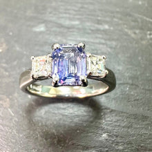 Load image into Gallery viewer, Platinum Emerald Cut Sapphire & Diamond Ring