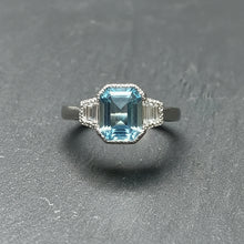 Load image into Gallery viewer, Platinum Emerald Cut Aquamarine & Diamond Ring