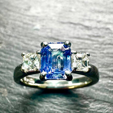 Load image into Gallery viewer, Platinum Emerald Cut Sapphire & Diamond Ring