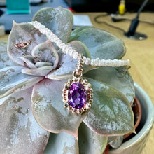 Load image into Gallery viewer, Yellow Gold Amethyst Dotty Pendant & Freshwater Pearl Necklace