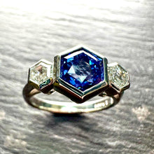 Load image into Gallery viewer, Platinum Cadillac Sapphire & Diamond 3 Stone Ring