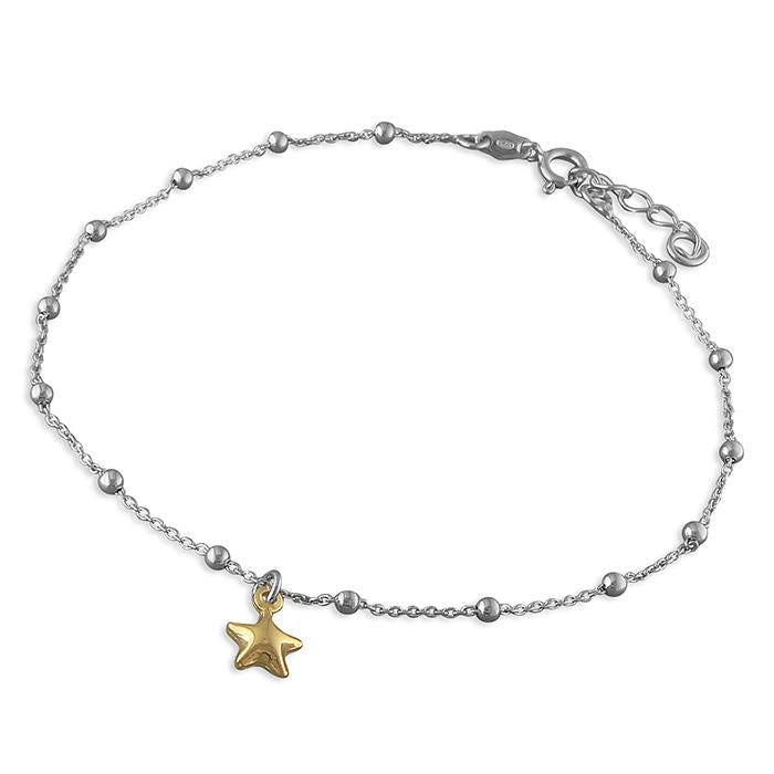 Sterling Silver Beaded Anklet with Gold Plated Star