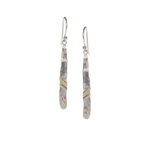 Textured Silver Drop Earrings With Brass and Copper Detail