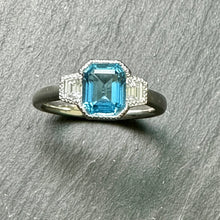 Load image into Gallery viewer, Platinum Emerald Cut Aquamarine & Diamond Ring