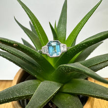 Load image into Gallery viewer, Platinum Emerald Cut Aquamarine & Diamond Ring