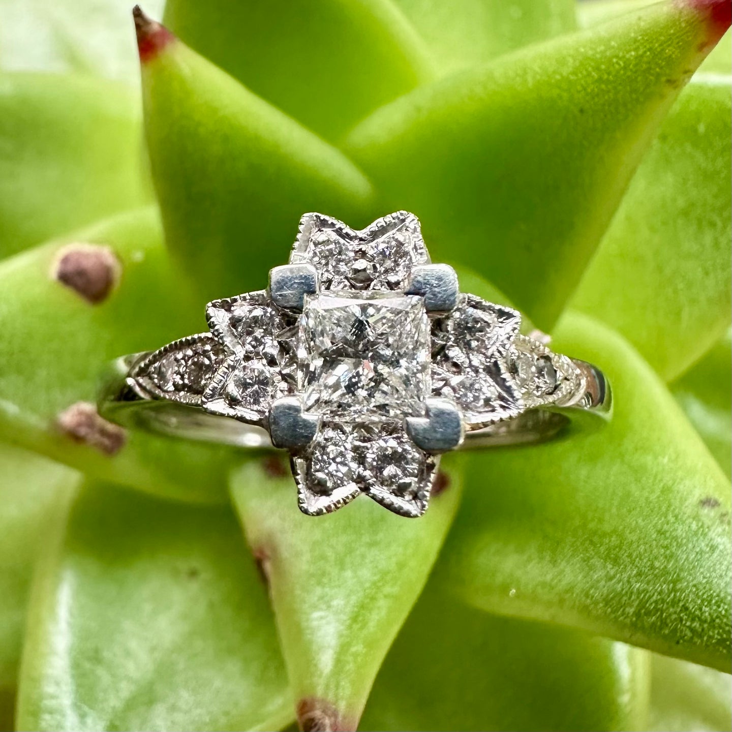 Palladium and Diamond Star shaped Engagement Ring