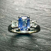 Load image into Gallery viewer, Platinum Emerald Cut Sapphire & Diamond Ring
