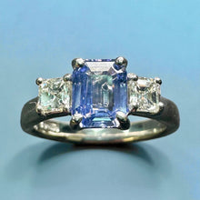 Load image into Gallery viewer, Platinum Emerald Cut Sapphire & Diamond Ring