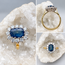 Load image into Gallery viewer, Preloved 18ct Yellow Gold Kanchiburi Sapphire and Diamond Halo Ring