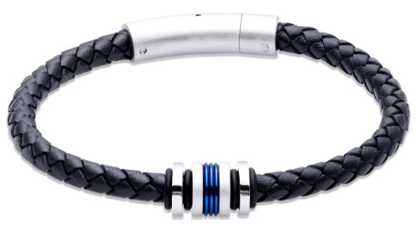 Sterling Silver Navy leather Bracelet with Blue IP Plating