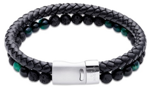 Stainless Steel Black Leather Bracelet with Malachite Beads