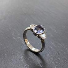 Load image into Gallery viewer, Platinum 1.6ct Oval Bi Colour Sapphire & Moon Shaped Diamond Ring