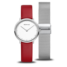 Load image into Gallery viewer, Ladies Bering Ultra Slim Polished Silver Watch and Red Leather Strap Set 15729-604
