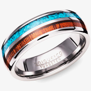 Tungsten 7mm Wood and Turquoise Inlay Ring