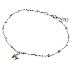 Sterling Silver Beaded Anklet with Rose Gold Star