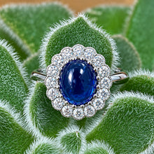 Load image into Gallery viewer, Platinum 2.45ct Cabochon Sapphire & Diamond Cluster Ring