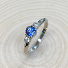 Load image into Gallery viewer, White Gold Ceylon Sapphire & Diamond Three Stone Ring