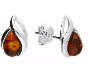 Sterling Silver Small Cognac Amber Abstract Teardrop Stud Earrings