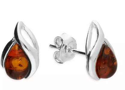 Sterling Silver Small Cognac Amber Abstract Teardrop Stud Earrings