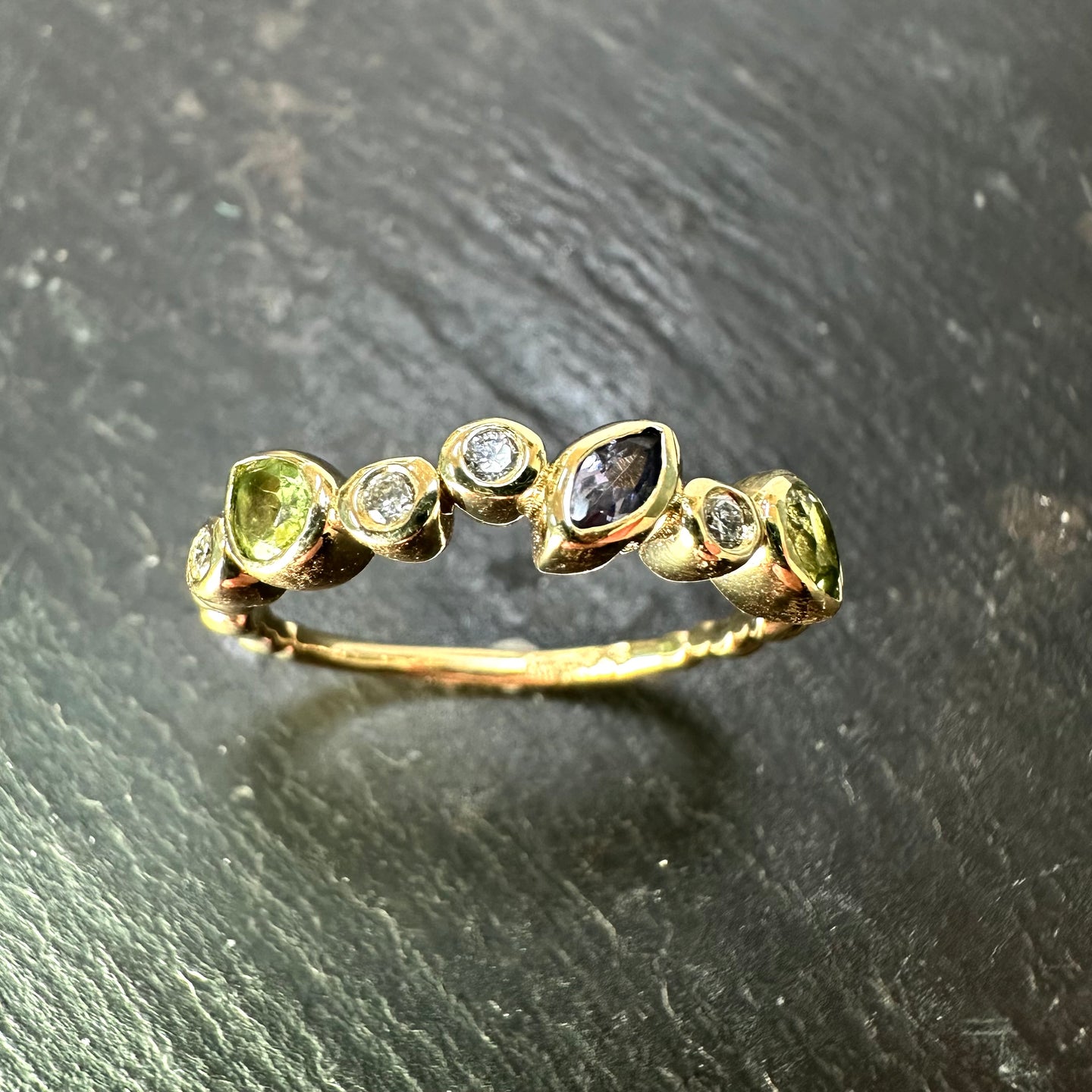 9ct Yellow Gold Tanzanite, Peridot & Diamond Staggered Ring