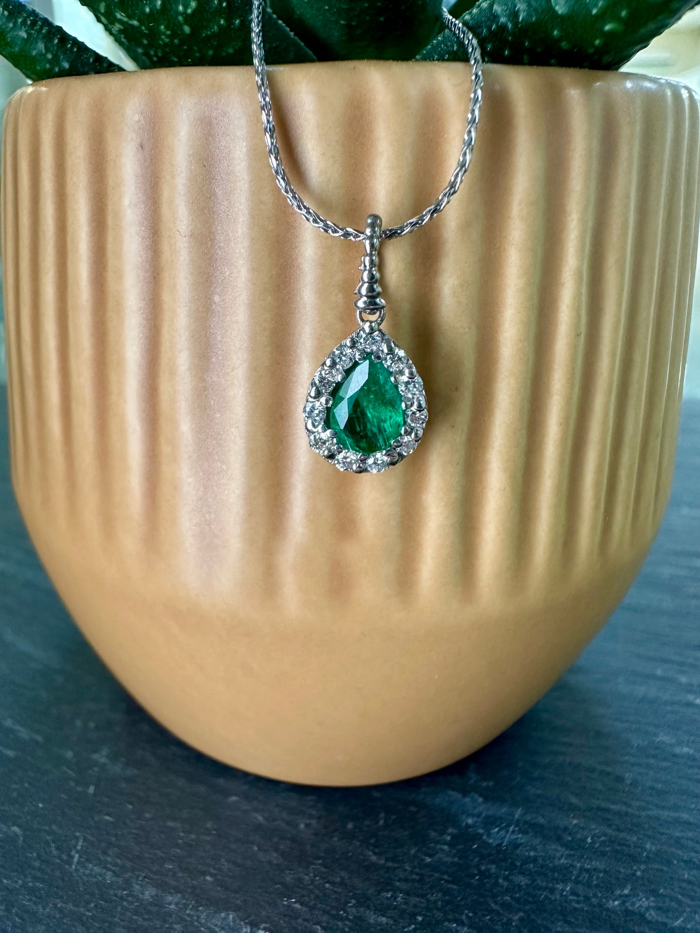 9ct White Gold Emerald and Diamond Necklace