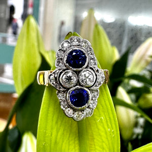18ct Yellow Gold and Platinum Art Deco Style Ceylon Sapphire and Diamond Ring