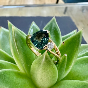 Natural Montana Teal Sapphire & Diamond Ring