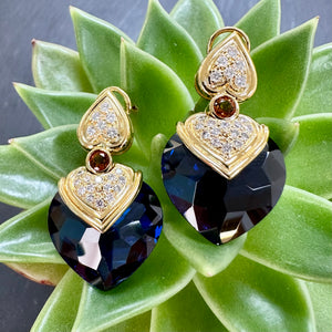 Preloved 18ct Gold Diamond, Citrine & Blue Crystal Heart Earrings