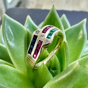 Preloved Ruby, Emerald, Sapphire & Diamond 18ct Gold Ring