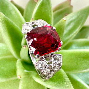 Vintage Red Spinel and Diamond Ring in 18ct White Gold