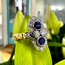 Load image into Gallery viewer, 18ct Yellow Gold and Platinum Art Deco Style Ceylon Sapphire and Diamond Ring
