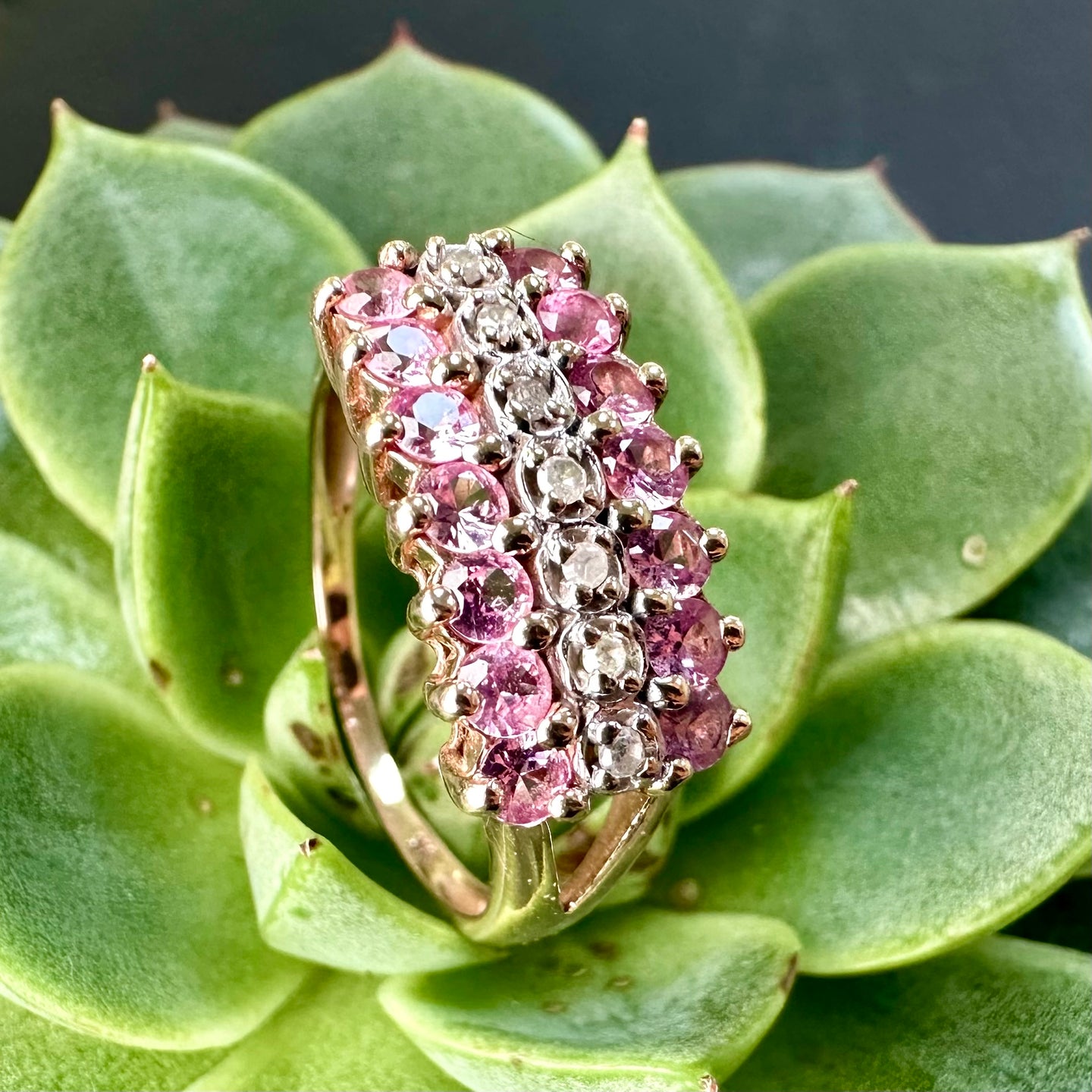 Preloved 9ct Yellow Gold Pink Cubic Zirconia & Diamond Ring