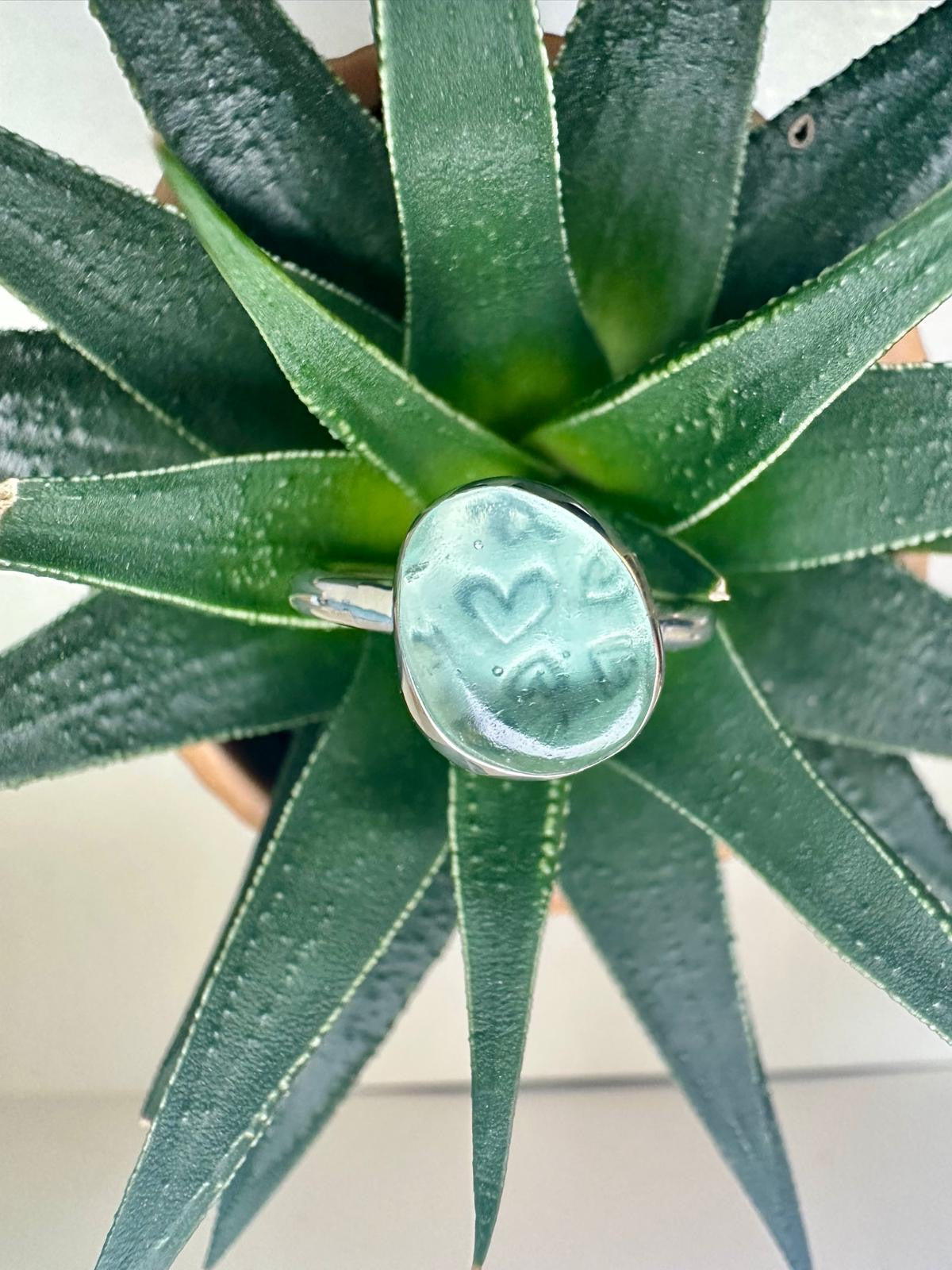 Sterling Silver Green Sea Glass Ring With Heart Detail