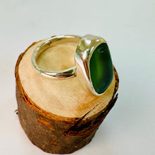 Load image into Gallery viewer, Handmade Sterling Silver Green Sea Glass Ring - Long Cushion
