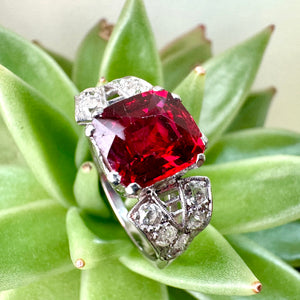 Vintage Red Spinel and Diamond Ring in 18ct White Gold