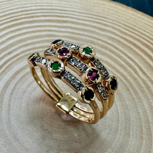 Pre-loved, Emerald, Ruby, Sapphire & Diamond 3 Row Ring