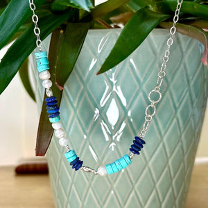 Sterling Silver Lapis, Turquoise & Freshwater Pearl Necklace