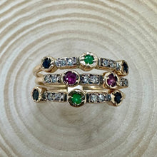 Load image into Gallery viewer, Pre-loved, Emerald, Ruby, Sapphire &amp; Diamond 3 Row Ring
