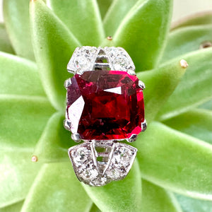 Vintage Red Spinel and Diamond Ring in 18ct White Gold