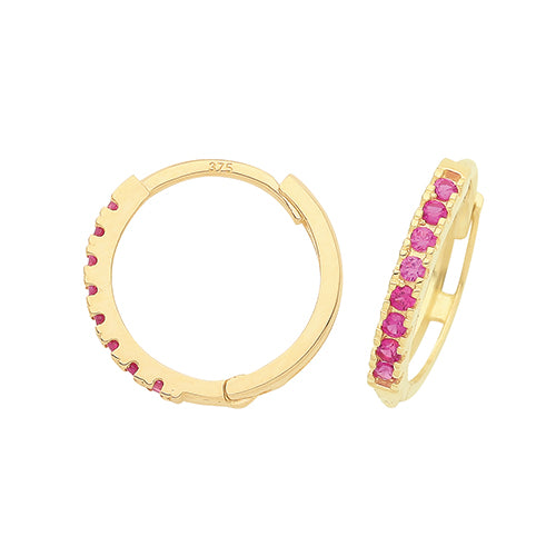 9ct Yellow Gold Ruby Red CZ Huggie Hoops