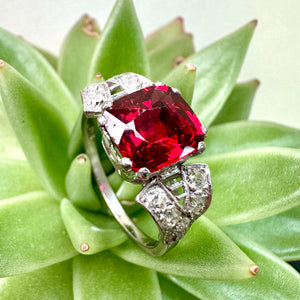 Vintage Red Spinel and Diamond Ring in 18ct White Gold