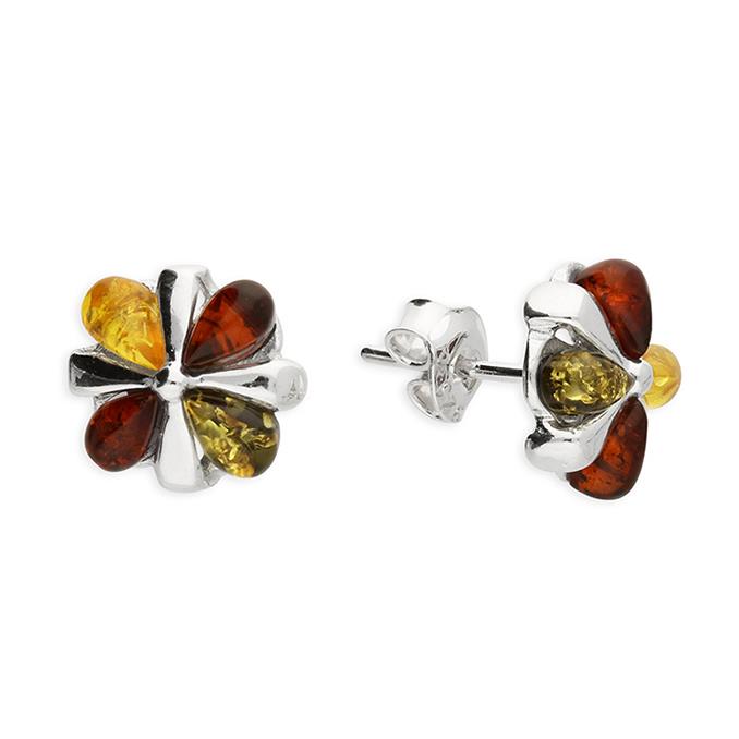 Sterling Silver Mixed Amber Flower Studs