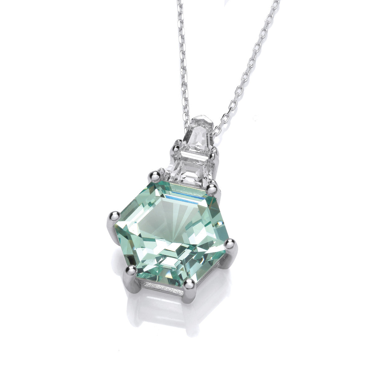 Sterling Silver Mint Cubic Zirconia Deco Hex Necklace