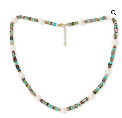 Blue Mixed Colour Sea Sediment Jasper & Pearl Necklace