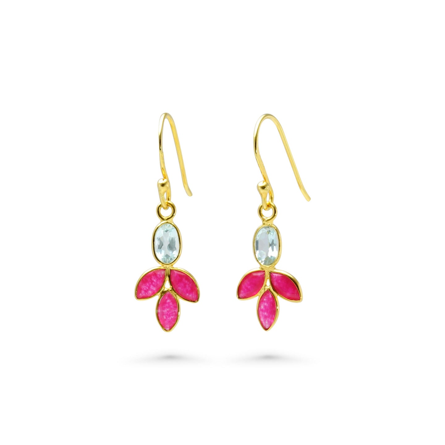 Blue Topaz and Pink Quartz Gold Drop Earrings