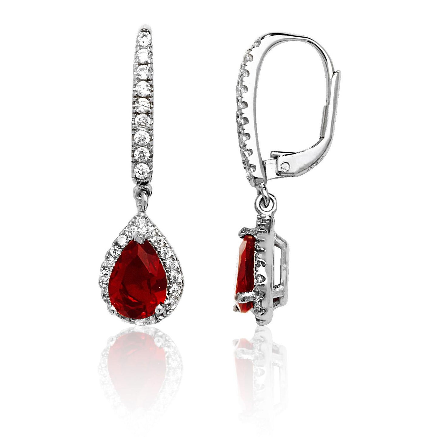 Sterling Silver Red Cubic Zirconia Drop Earrings