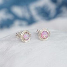 Load image into Gallery viewer, Waved Oxidized Silver Stud Earrings with Hints of Pink Opal

