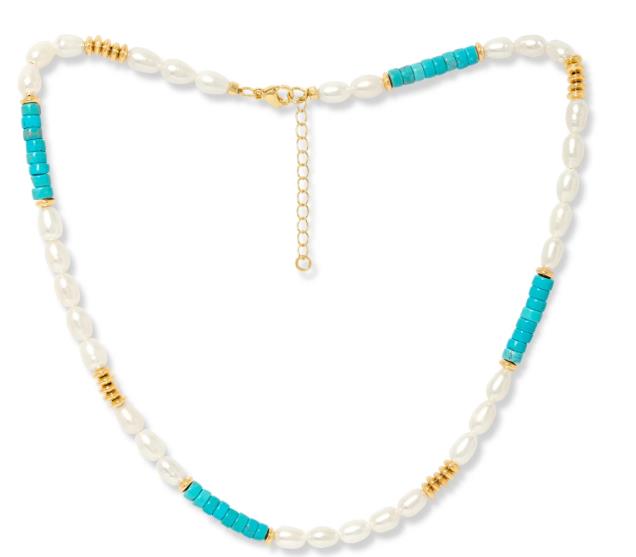 Sterling Silver Cultured Freshwater Pearl and Turquoise Necklace