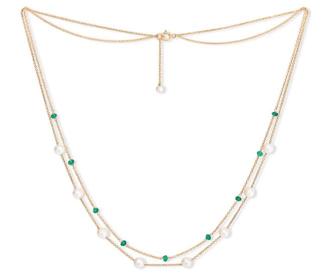 Credo Fine Double Chain Necklace with Cultured Freshwater Pearls & Emerald