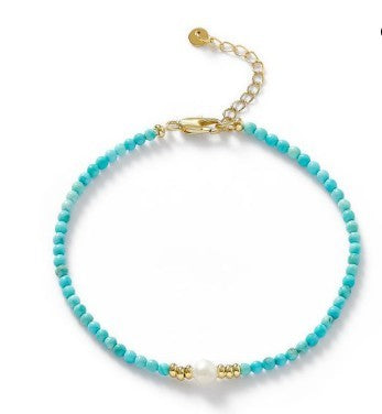 Dyed Turquoise Bracelet With Single Pearl & Gold Filled Beads